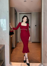Square Neck Beaded Longsleeve Mermaid Dress S / Maroon